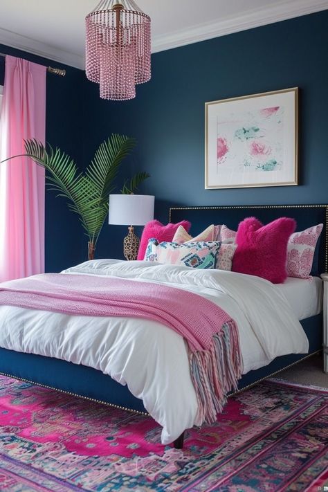 Elegant Pink Bedroom, Bedroom Interior Colour, Bedroom Color Scheme Ideas, Blue And Pink Bedroom, Black And White Living Room Decor, Color Scheme Ideas, Bold Bedroom, Girl Apartment Decor, Pink Bedroom Ideas