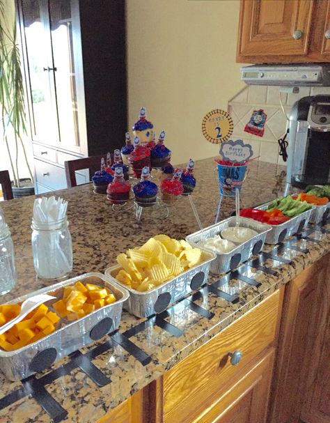 Train Birthday Party Table, Train Party Desserts, 4th Train Birthday Party, Thomas First Birthday Party, Trucks And Trains Birthday Party, Train Theme Food Ideas, Train Birthday Party Food Ideas, Train Birthday Food Ideas, Train Birthday Snacks