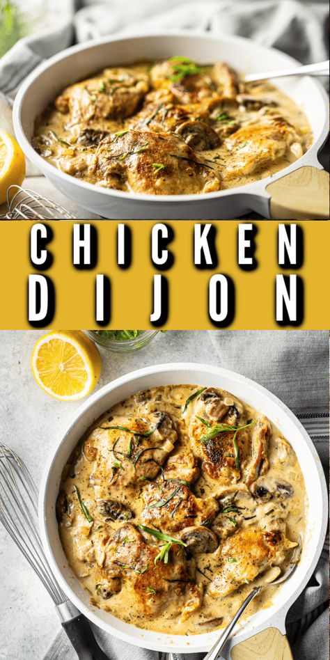 This easy chicken Dijon recipe is a real family favorite! Made in just one pan with chicken thighs, mushrooms, herbs, and lemon in a creamy mustard sauce. Quick to make and perfect for busy weeknights. Cheesy Mustard Chicken, Chicken In Mustard Sauce, Chicken Thighs Mushroom Recipes, Macro Friendly Chicken Thigh Recipes, Lemon Chicken Thighs Baked, Chicken One Pot Recipes, Chicken Dijon Recipes, Dijon Mustard Chicken Thighs, Creamy Chicken Thigh Recipes