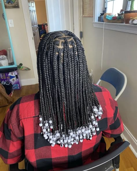 Box Braids With White Beads, Medium Size Braids With Beads, Knowles’s With Beads, Mid Length Box Braids With Beads, Medium Length Knotless Braids With Beads, Medium Length Braids With Beads, Medium Braids With Beads, Box Braids Medium Length, Shoulder Length Box Braids