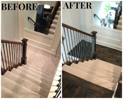 Completed Hardwoods in Hallway Stair Transition To Carpet, Wood Landing On Stairs, Carpet Stairs Wood Landing, Carpet Stairs With Wood Landing, Flooring For Stairs And Landing, Carpet Stairs To Wood Floor Transition, Wood Floors Carpet Stairs, Partial Carpet Stairs, Carpet And Wood Stairs