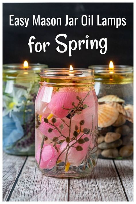 These super easy mason jar oil lamps are perfect for your spring decor and make a nice gift. Teacher's appreciation, Mother's Day or Birthdays for all your candle loving friends. Diy Oil Lamp, Rustic Lighting Ideas, Mason Jar Oil Candle, Scented Mason Jar Candles, Holiday Mason Jar, Mason Jar Projects, Spring Decor Diy, Mason Jar Crafts Diy, Diy Oils