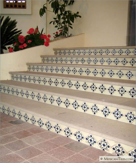 MexicanTiles.com - Stairs with Blue Marguerite Talavera Mexican Tile Talavera Tiles Stairs, Talavera Stairs, Mexican Stairs, External Steps, Mexican Tile Stairs, Entrance Staircase, Tiled Staircase, Bar Tile, Rustic Staircase