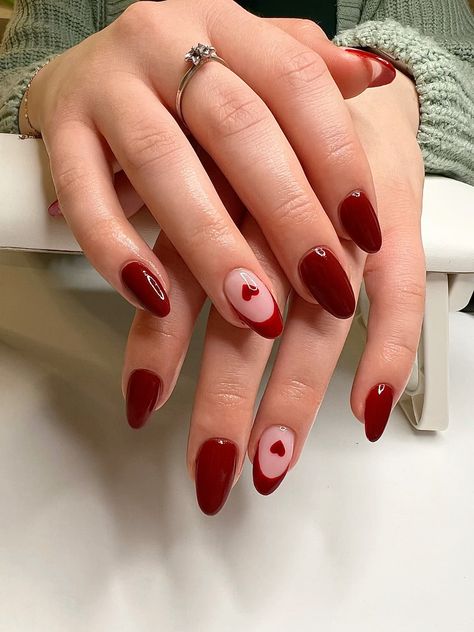 #rednails #red #nails #nailinspo #nailart #inspiration #frenchnails #redfrenchnails #neonail #perfectred Simple Red Heart Nails, Red French Tip With Heart On Ring Finger, Dark Red Nails With White Heart, French Tip Love Heart Nails, Easy Heart Nail Designs, Red Nails White French Tip, Red Art Nails, Red With White Heart Nails, Red Nails With White French Tip