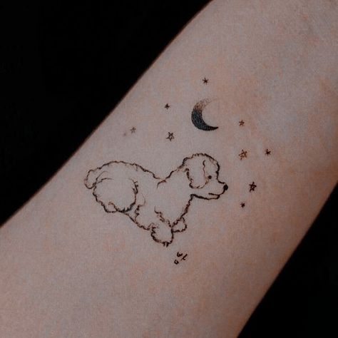 Dog Cloud Tattoo, Bichon Poodle Tattoo, Toy Poodle Tattoo Outline, Stuffed Dog Tattoo, Maltese Dog Tattoo Ideas, Cute Puppy Tattoo, Small Poodle Tattoo, Kawaii Dog Tattoo, Bernedoodle Tattoo