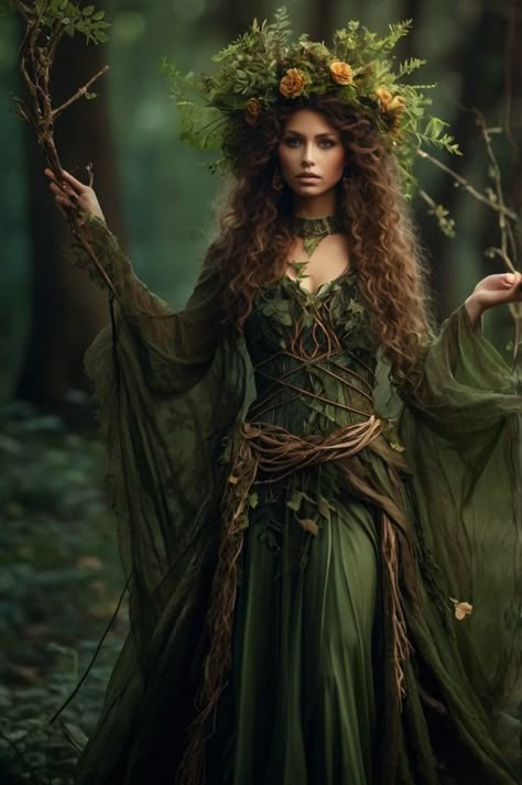 Embrace the magic of the forest with this Enchanting Forest Witch costume for Halloween 2024. This whimsical outfit features a flowing green and brown dress made of leaves and vines, paired with a mystical staff and wild, curly hair adorned with flowers and twigs. Ideal for those who want to channel their inner nature witch this spooky season. #Halloween2024 #ForestWitch #WitchCostume #HalloweenCostumeIdeas #MagicalHalloween Forest Theme Costume Ideas, Witch Princess Dress, Green Witch Costume For Women, Earth Element Costume Ideas, Woodland Creature Costume Women, Forest Faerie Costume, Woodland Costume Women, Ren Faire Forest Witch, Mother Nature Cosplay