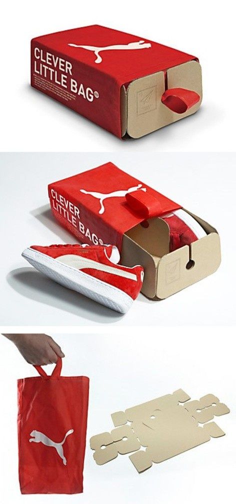 "Clever Little Bag"—Sustainable packaging for Puma shoes, designed by Yves Béhar. Puma Bag, Shoe Box Design, Clever Packaging, Smart Packaging, Innovative Packaging, Eco Packaging, Cool Packaging, Graphic Design Packaging, Cadeau Diy