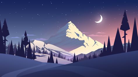 Night Mountains Summer Illustration (1600x900) Resolution Wallpaper Background For Desktop, For Desktop, Windows 10, Resolution, Moon, Wallpapers, Nature