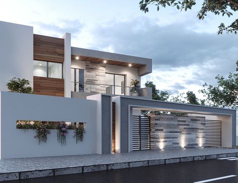 HOUSE FACADE - DESIGNE on Behance Fence Wall Design, 3 Storey House Design, Compound Wall Design, Front Wall Design, Modern Minimalist House, Compound Wall, Entrance Gates Design, House Facade, Modern House Facades