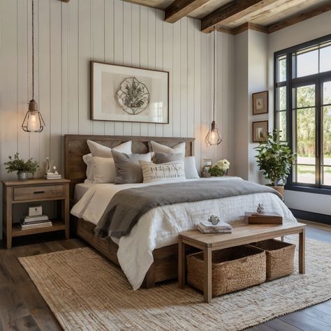 15 Modern Farmhouse Bedroom Ideas – howthingscompare.com Farm Modern House Decor Bedroom, Farm Bedroom Ideas Master Suite, Bed Modern Farmhouse, Guest Room Modern Farmhouse, Master Bedrooms Farmhouse Modern, Dark Wood Farmhouse Bedroom, Modern Bedroom Ideas For Couples Master Suite, Rustic But Modern Home, Elegant Rustic Bedroom Ideas