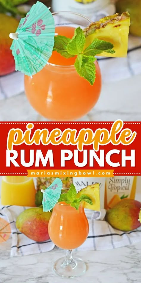 You can't go wrong with this drink idea! It's a fun cocktail recipe to serve at any get-together. With a combo of pineapple, mango, and orange juice, this rum punch is full of tropical flavors! Alcoholic Party Punch, Pineapple Rum Punch, Alcoholic Party, Party Punch Recipe, Tropical Drink Recipes, Fruity Alcohol Drinks, Labor Day Party, Mango Rum, Easy Labor