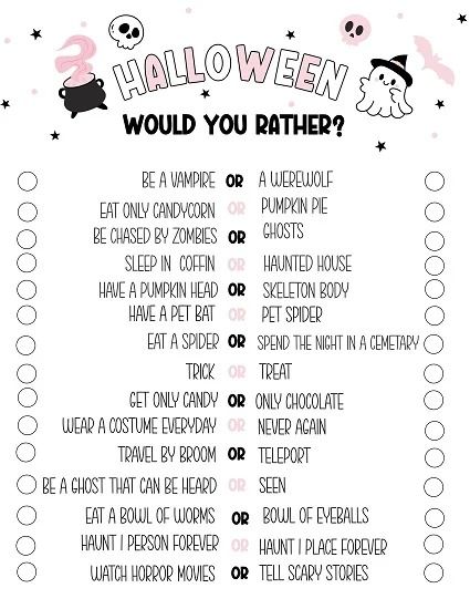 Halloween Would You Rather Free Printable – Cenzerely Yours Halloween Would You Rather For Kids, Would You Rather Halloween, Halloween Would You Rather, Carnival Printables, Fun Halloween Activities For Kids, Halloween Activity Pages, Aesthetic Activities, Halloween Questions, Activities For Kids Halloween