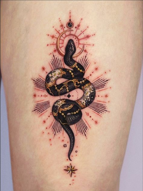 Yellow Snake Tattoo, Sunflower Snake Tattoo, Snake With Sun Tattoo, Serpent Flower Tattoo, Golden Snake Tattoo, Witch Snake Tattoo, Danny Tattoo, Black Snake Tattoo, Gold Tattoo