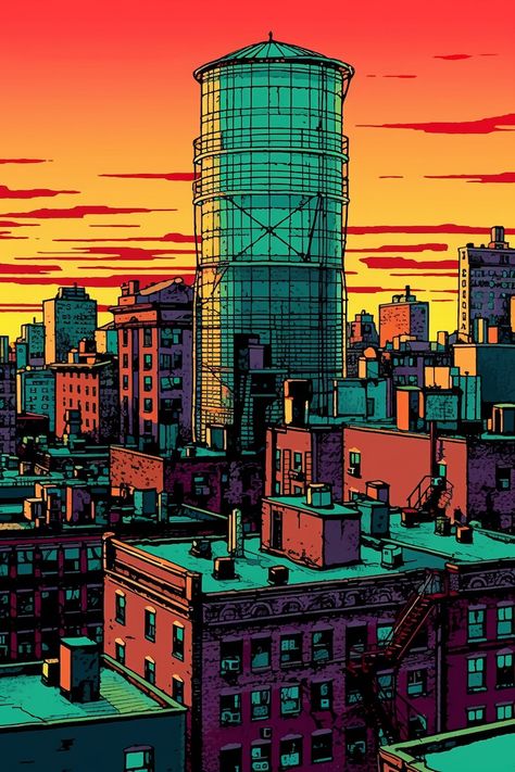 The Water Tower Standoff Instant Download - Etsy Comic Style Art Wallpaper, Comic Book City Background, Comic Book Buildings, Comic Background Art, Urban Illustration Art, Comic City Background, Future City Concept Art, Pop Art Building, Buildings Digital Art