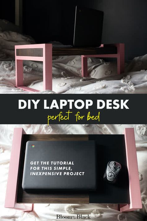 Love to work from your bed? Make a wooden DIY laptop desk with this simple tutorial, This modern laptop table can also be used as a bed tray table if you like breakfast in bed! Also perfect for watching movies on your iPad or laptop. Diy Laptop Stand, Desk For Bed, Diy Letter Board, Laptop Diy, Laptop Stand Bed, Bed Tray Table, Laptop Desk For Bed, Diy Breakfast, Wine Bottle Topper