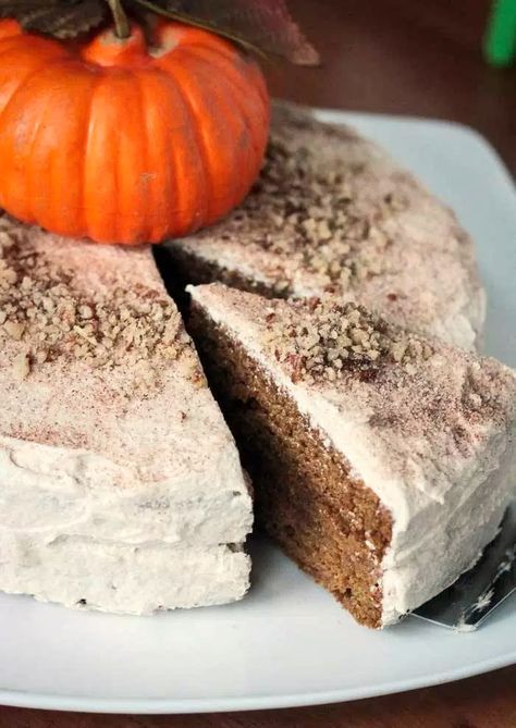 Chai-Spiced Vegan Pumpkin Cake Recipe (Reader's Choice Winner in the Dairy-Free Bake Off!) @simplyorganic Vegan Pumpkin Cake, Pumpkin Layer Cake, Cinnamon Buttercream Frosting, Vegan Christmas Desserts, Pumpkin Food, Cinnamon Buttercream, Chai Spices, Just Pies, Pumpkin Cake Recipes