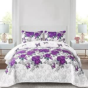 Yiran Floral Quilt Set Queen Size Elegant Purple Rose Bedding Bedspreads 3 Pieces Lightweight Microfiber Coverlet Sets with 2 Pillow Shams for All Season (90"x96") Bedroom With Lavender Walls, Bed Valance, Rose Bedding, Bed Queen, Queen Size Quilt, Unique Beds, Fabric Bed, Floral Quilt, Quilted Bedspreads