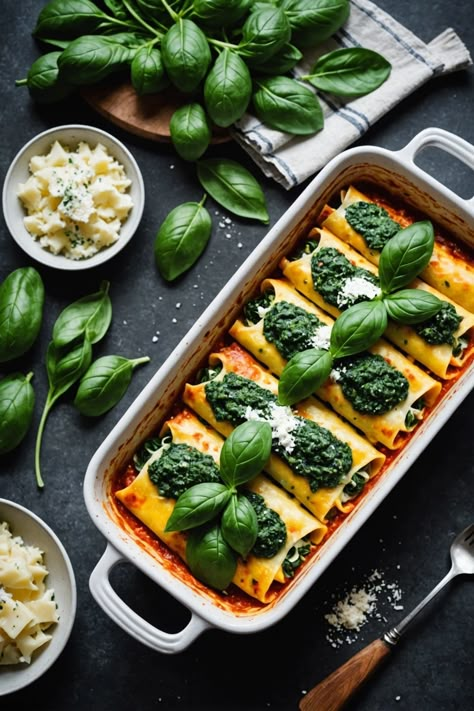 A photo of a  Spinach and Ricotta Cannelloni which is a type of pasta recipes for fall Beautiful Pasta Dishes, Thanksgiving Recipes Pasta, France Recipes, Spinach Cannelloni, Fall Pasta Dishes, Cannelloni Pasta, Autumn Pasta Recipes, Gourmet Pasta, Fall Pasta