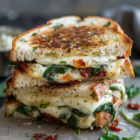 Sun-Dried Tomato, Spinach, and Ricotta Grilled Cheese Sundried Tomato Grilled Cheese, Sundried Tomato Spinach And Ricotta Grilled Cheese, Ricotta Grilled Cheese, Spinach Grilled Cheese, Basil Sandwich, Lobster Cream Sauce, Tomato Spinach, Spinach And Ricotta, Gourmet Grilling