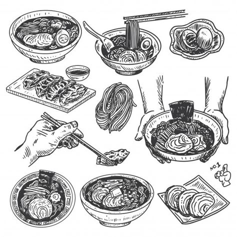 Vintage food sketch, hand drawn japanese... | Premium Vector #Freepik #vector #food #menu #hand #restaurant Anime Food Sketch, Ink Food Illustration, Food Ink Illustration, Food Art Sketch, Japanese Food Sketch, Japanese Food Tattoo, Ramen Illustration Art, Plate Drawing Sketch, Vintage Food Illustration