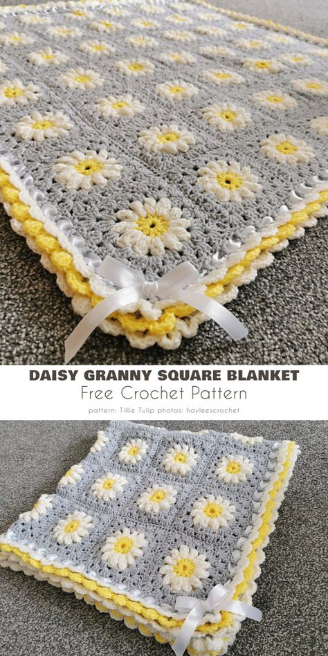 Free Patterns: Timeless Daisy Blanket - Your Crochet Granny Square Daisy Blanket, Crochet Patterns Daisy, Crochet Daisy Granny Square Blanket, Baby Girl Granny Square Blanket, Easy Crochet Blanket Patterns Free Granny Squares, Daisy Granny Square Pattern Free, Crochet Daisy Pattern Free, Easy Crochet Borders For Blankets, Crochet Squares Pattern Free