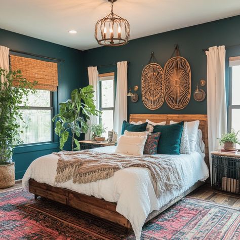 30 Stunning Teal Bedroom ideas for your master bedroom Teal Sheets Bedroom, Teal Bedspread Room Ideas, Teal Bedrooms, Teal And White Bedroom, Dark Teal Bedroom Ideas, Dark Wood Bed Frame, Dark Teal Bedroom, Jewel Tone Bedroom, Aqua Bedrooms