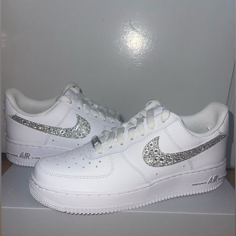 New~ Nike Air Force 1 Sneakers ~ Crystalized To Perfection! I Personally Customized These Sneakers Myself !!!!! White Air Force 1 With Authentic Crystals Made To Order (Clean & Clear) The Fire In The Crystals Are So Fabulous It Sets Off A Super Blinged Out Look! If Interested Please Message Me Privately Butterflykisscreations.Lb@Gmail.Com ~ These Authentic Crystals Can Be Ordered In The Color Of Your Choice. ~ Super Bling ~ Message Me Privately On Here Or Contact Me Through Email. ~ Can Personal Bride Sneakers, Tenis Converse, Custom Nike Air Force, Air Force 1 Sneakers, Bridal Sneakers, Crystals Wedding, Wedding Sneakers, Dior And I, White Casual Shoes