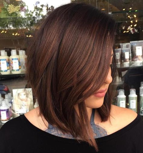 Angled Chocolate Brown Lob Deep Burgundy Hair, Long Brown Bob, Bob Lung, Brunette Ombre, Best Bob Haircuts, Natural Hairstyle, Chocolate Brown Hair, Long Bob Haircuts, Lob Hairstyle