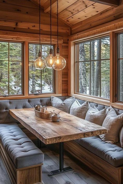 Log Cabin Breakfast Nook, Cabin Banquette, Cozy Cabin Dining Room, Cabin Breakfast Nook, Tiny Home Cabin Interior, Cabin Kitchen Table, Rustic Breakfast Nook, Chalet Dining Room, Log Cabin Dining Room