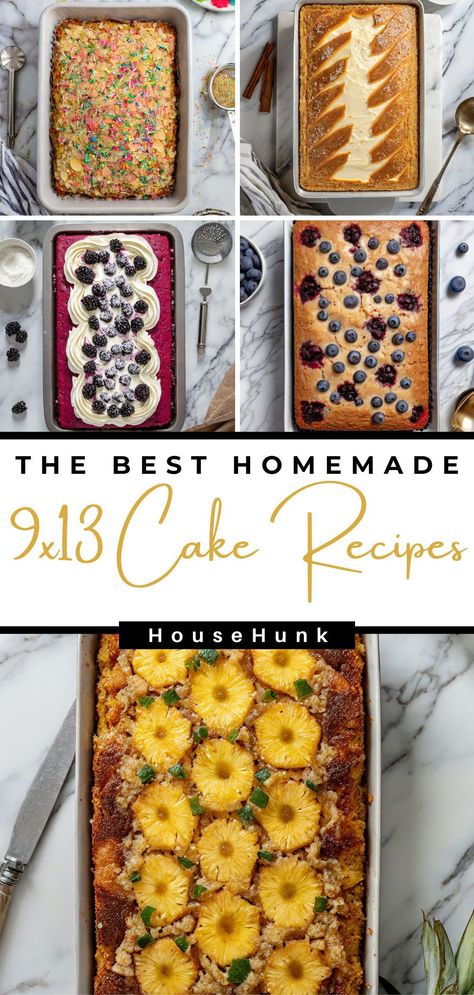 Do you love 9x13 cakes? Then you'll love this list of 33 easy and delicious 9x13 cake recipes for any occasion. From chocolate and vanilla to fruit and nut, these cakes are perfect for breakfast, dessert, or snack. Plus, they are all no-fail and crowd-pleasing. Pin this post and bake them today! Crowd Pleasing Cake Recipes, Best 9x13 Cake Recipes, 9 By 13 Cake Recipes, Anniversary Cake Recipes, Cake Recipes 9x13 Pan, 9 X 13 Cake Recipes, 9x13 Cake Recipes, Easy Sheet Cake Recipes, Cake Pan Recipes