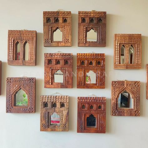 ✨Carved Aala Mirrors✨ The word " Aala '' means a cavity or shelf - etched in the walls to keep lamps. Traditionally Jharokha shaped Aala shelves were carved in the walls - on either side of the doors, to keep diyas (lamps) in them. These Aala mirrors are a wooden representation of wall Aalas , made in a variety of folk patterns of Rajasthan Size : 10x8 inches approx Material : Mango Wood Shipping : Worldwide Pls DM for orders💌 #wallaccents #distressmirrors #archmirrors #reelkarofeelk... Reels Instagram, Indian Home, Indian Home Decor, Classic Decor, The Doors, Mango Wood, Cavities, Trending Decor, Accent Wall