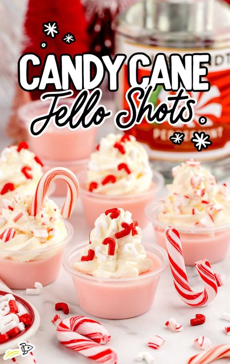 close up shot of Candy Cane Jello Shots Holiday Drink Ideas, Holiday Jello Shots, Jello Shots Vodka, Jello Pudding Shots, Christmas Jello Shots, Cranberry Jello, Jell O Shots, Recipes With Whipping Cream, Jello Shot Recipes