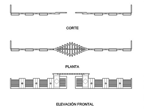 Garden gate front elevation, section and top view plan details dwg file Gate Plan, Floor Plan Symbols, Fence Planning, Floor Plan With Dimensions, Block Plan, Garden Details, Outdoor Gate, Balcony Flooring, Modern Entrance