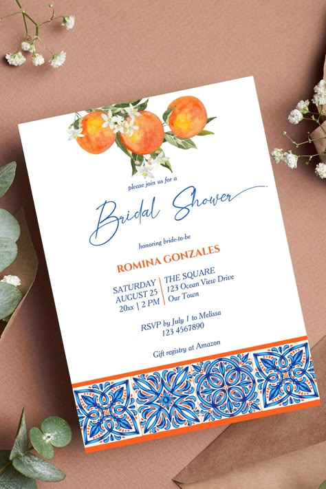 Orange blue majolica talavera tiles bridal shower invitation template instant download Blue And Orange Bridal Shower Ideas, Blue And Orange Wedding Theme, Blue Bridal Shower Themes, Bridal Shower Brunch Menu, Spanish Wedding Invitations, Hand Drawn Wedding Invitations, Orange Wedding Themes, White Bridal Shower, Blue Bridal Shower