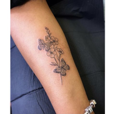 Floral Butterfly Tattoo Design Forearm, Side Arm Flower Tattoo, Butterfly Tattoo For Daughter, Morning Glory And Butterfly Tattoo, Forearm Tattoos Butterfly, Tattoos For 2 Daughters, Wrist Tattoos For Women Butterfly, Flower Back Of Arm Tattoo, Flower Tattoo With Butterflies