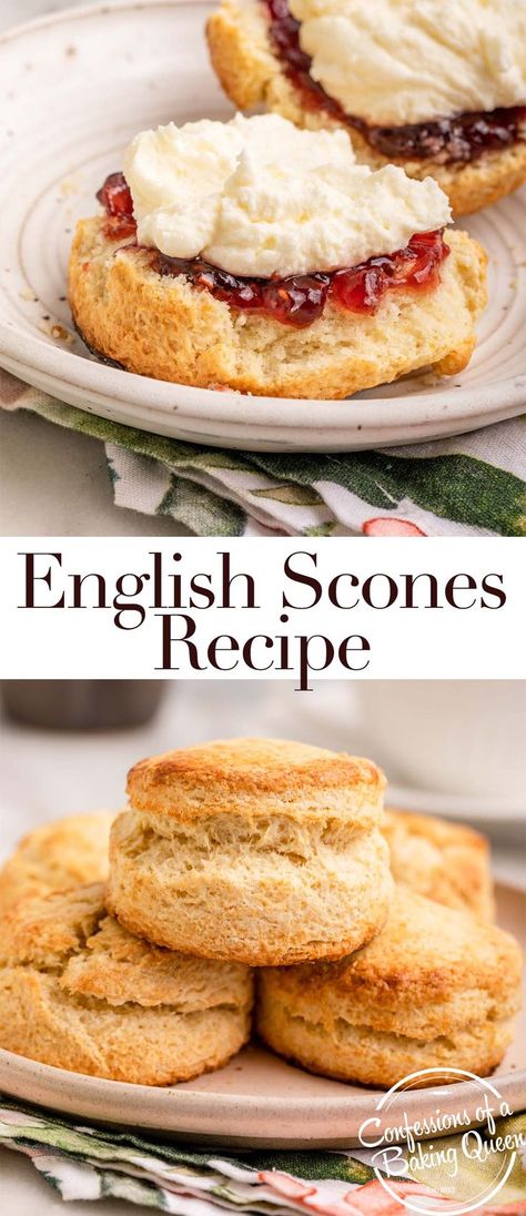 Traditional English scones are easier to make than you think. This recipe needs six ingredients and 30 minutes to make gorgeous British scones. Add in chopped cherries, raisins or even chocolate chips!  Make sure to make some real clotted cream to go along with the scones! Scones And Clotted Cream, British Scones, Best Scone Recipe, English Scones, Cream Scones, Scones Recipe, Tea Biscuits, Clotted Cream, Scone Recipe