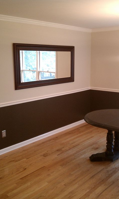 two toned color with dark brown trim in bathroom | Ben George Painting make your space beautiful Brown Walls Living Room, Two Tone Walls, Living Room Wall Color, Room Wall Colors, Dining Room Paint, Brown Furniture, Room Paint Colors, Room Color Schemes, Brown Walls