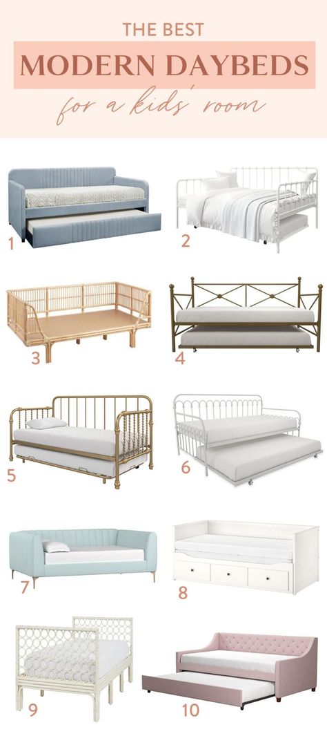 Including a modern daybed in a kids' room is a fun, functional way to add character! Try one of these 10 modern daybeds in your space. Day Bed For Kids Room, Day Bed For Nursery, Teen Day Bed, Daybed With Trundle Girls Room, Daybed For Guest Room, Cozy Office With Daybed, Nurseries With Daybeds, Daybed In Playroom Ideas, Two Daybeds In One Room Ideas