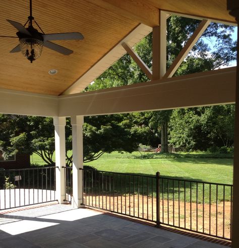 Raleigh Covered porch with Cathedral Ceiling - I really love the limestone floor on this patio. Cathedral Porch Ceiling, Cathedral Ceiling Porch, Patio Ceilings, Patio Ceiling Ideas, Carport Addition, Limestone Patio, Dream Porch, Limestone Floor, Porch Types