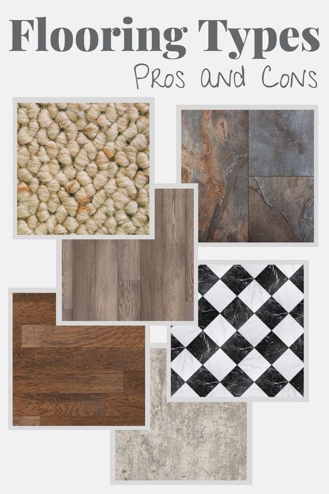 Blog post about the pros and cons of flooring types: hardwood, engineered hardwood, laminate, vynil, linoleum, tile, carpet, natural stone, concrete Flooring Types, Tile Carpet, Stone Concrete, Linoleum Flooring, Types Of Flooring, Engineered Hardwood, Linoleum, Pros And Cons, Vinyl Flooring