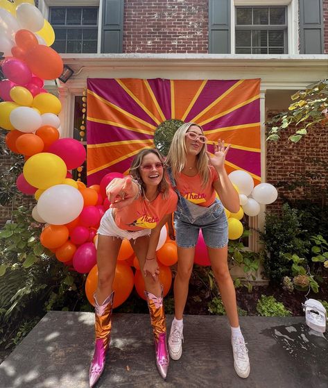 Orange Crush Bid Day Theme, 70s Bid Day Theme, 70s Bid Day, Beach Theme Bid Day, Walking On Sunshine Bid Day, Beach Bid Day Banner, Colorful Bid Day, Spring Recruitment, Sorority Poses