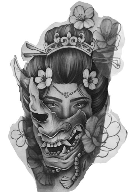 Baddie Tatoos, Mascara Hannya, Japanese Geisha Tattoo, Samurai Mask Tattoo, Japanese Mask Tattoo, Oni Mask Tattoo, Geisha Tattoo Design, Japanese Tattoos For Men, Japanese Flower Tattoo