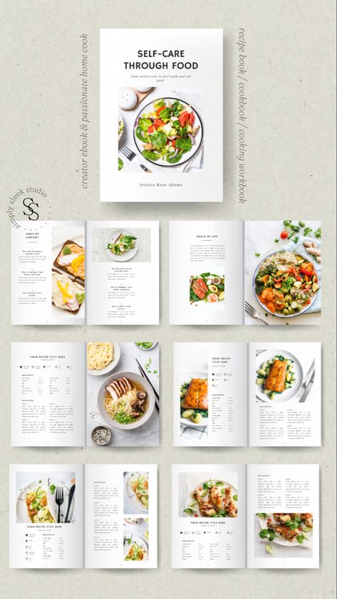 cookbook workbook recipe book Cooking Book Layout Design, Canva Recipe Book, Cookbook Recipe Design, Modern Cookbook Design, Canva Cookbook Template, Recipe Ebook Template, Cookbook Layout Design Inspiration, Recipe Book Design Ideas, Recipe Book Layout Design