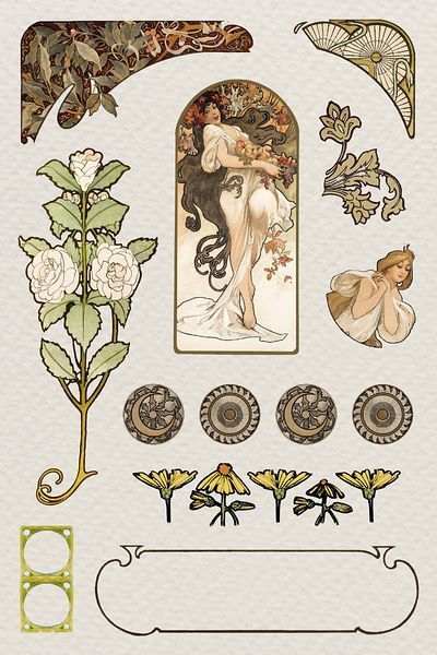 Art Nouveau Collage, Art Nouveau Flowers Illustration, Art Nouveau Vector, Art Nouveau Bedroom, Art Nouveau Arquitectura, Canva Editing, Art Nouveau Mucha, Nouveau Flowers, Nouveau Illustration