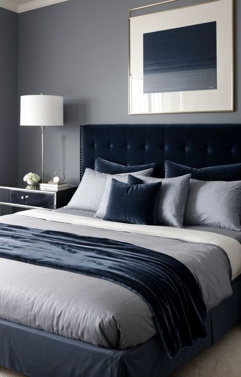 Dark Blue And Grey Bedroom, Blue Velvet Headboard, Aesthetic Navy, Dark Blue Rooms, Beautiful Bedroom Inspiration, Navy Bedroom, Blue Gray Bedroom, Nightstand Lamps, Dark Blue Bedrooms