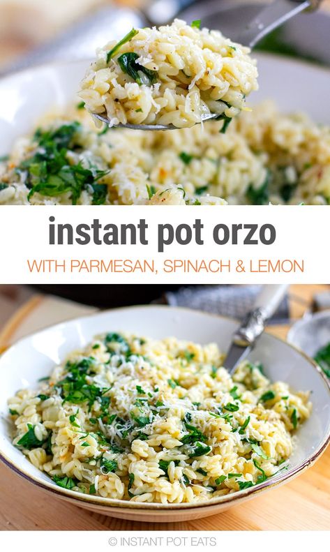 Learn how to make Instant Pot Orzo with lemon, Parmesan cheese and spinach for a perfect, hearty side dish or main. This lemony, cheesy orzo recipe only takes 20 minutes from start to finish and is vegetarian-friendly. #instantpotrecipes #risoni #spinach #pastarecipes #vegetarian Vegetarian Recipes Dinner Instant Pot, One Pot Orzo Vegan, Lemon Risotto Instant Pot, Instapot Orzo, Instant Pot Orzo Recipes, Orzo Instant Pot Recipes, Instant Pot Dutch Oven Recipes, Instant Pot Lemon Orzo, Instant Pot Sides