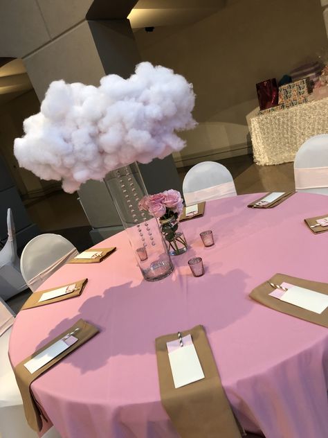 How To Make A Cloud Centerpiece, Up In The Clouds Birthday Party, Dream Big Party Theme, Cloud Theme Party Backdrops, Heaven Centerpieces, Cloud Bday Theme, Cloud Themed Centerpieces, Cloud Table Decorations, Cloud Nine Centerpiece