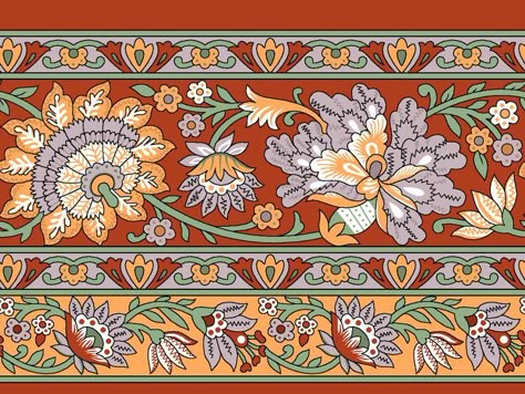 Brand Mughal Flower Border, Duptta Design, Bandhni Dupatta, Mughal Flower, Repeated Pattern, Kalamkari Painting, Botanical Flower Art, Mughal Art, Ajrakh Prints