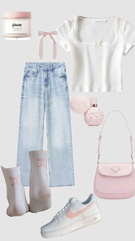 #outfit #college #collegefit #fit #shufflesfyp #shufflefyp #pintrest #pink #bows #jeans #airforce Pink Bow Outfit Aesthetic, Bow Jeans Outfit, Bow Outfit Aesthetic, Style Flare Jeans, Bow Outfit, Bow Jeans, Outfit College, College Fits, Pink Bows