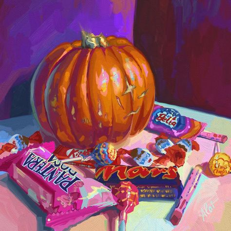 Halloween Candy Painting, Digital Halloween Art, Halloween Candy Illustration, Lsd Visuals, Alai Ganuza, Fun Still Life, Halloween Reference, Nostalgia Painting, Halloween Nostalgia